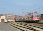 RB 59359 nach Bamberg verlässt am 16.März 2015 mit schiebender 143 634-4 den Bahnhof Kronach in Richtung Lichtenfels.