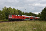 RE1 des Hanse-Express kurz vor der Einfahrt am Bahnhof Büchen, mit der 114 005-2 in Front. 3km östlich von Büchen, 28.08.2018.