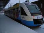 Ein Frhjahrsbote im tiefsten Winter! Dieser Triebwagen der OLA macht Werbung fr die BUGA 2009 in Schwerin.