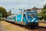 TCS 101 033-9 traincharter mit RE13-Ersatzzug in Wuppertal, Juli 2025.
