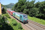 RE nach Sch�na verl��t hier mit Zuglok 146018-8 den Bahnhof K�nigstein am 25.6.2026 um 10.14 Uhr.