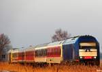 Ein bunter Regionalexpress auf der Marschbahn im Sandwitch zwischen zwei Dispoloks ER 20 auf dem Weg Nach Hamburg in der Abendsonne Ende Januar 2017