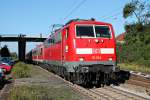 Ausfahrt am 23.09.2014 von einer RB (Offenburg - Schliengen) mit der Freiburger 111 054 aus dem Bahnhof Orschweier gen Ringsheim.