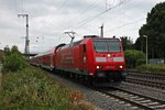 Einfahrt am 09.06.2015 außerplanmäßig über das Überholgleis von 146 111-0  Baden Württemberg erfahren  mit einem RE (Offenburg - Basel Bad Bf) in Müllheim (Baden).