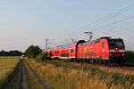 Mit einem RE (Offenburg - Müllheim (Baden)) fuhr am 11.06.2015 die 146 112-8  Baden Württemberg erfahren  in der Abendsonne südlich von Buggingen ihrem Ziel entgegen.