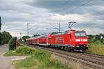 Nachschuss am 27.06.2015 auf 146 114-4  Baden Württemberg erfahren , als sie einen RE (Basel Bad Bf - Offenburg) in den Bahnhof von Bad Krozingen schob.