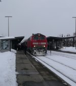 Am 13.02.13 kommt 218 458 mit einer n-Wagen Garnitur von Mnchen im Kemptener Hauptbahnhof an und wird wenig spter als RE nach Ulm fahren.