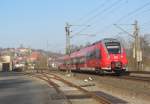 442 106-1 verlässt am 14. März 2014 als RE nach Nürnberg Hbf den Bahnhof Kronach.