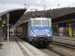 111 123-6  BierTicket  steht am 10. Februar 2016 mit einer RB nach Nürnberg Hbf im Bahnhof Treuchtlingen.