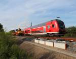 Der Storch hat sich noch nicht an den eingleisigen Betrieb gewhnt, eigentlich wollte er mit dem RE 4363 nach Lutherstadt Wittenberg auf dem Steuerwagen mitfahren.