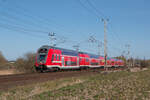 445 004 und 445 002 als RE 5 auf dem Weg nach Elsterwerda. Fotografiert am 07.04.2020 kurz hinter Rostock in Sildemow.