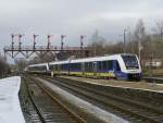 Zwei Lint 54 -Einheiten 622 207 und 622 223 als Harz-Heide-Bahn erx 83703 aus Hannover bei Einfahrt in Bad Harzburg; 24.01.2015  