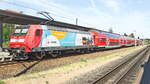 146 025 mit dem RE 50 nach Leipzig im Bahnhof Radebeul Ost am 08. Juli 2023