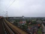 Blick aus dem RE21058 (Hamburg - Flensburg) auf die Rendsburger Hochbrücke am 09.09.2014 gegen 10.00 Uhr