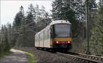 Im Schwarzwald - 

AVG-Stadtbahnwagen 901 auf Talfahrt kurz vor der Christophstalbrücke der Steilstrecke der Murgtalbahn bei Freudenstadt.

15.03.2024 (M)