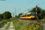 24.08.2011: Wagen 8** und Wagen 875 mit AVG-Logo und seinem Versuchslook als S41 von Karlsruhe bis nach Freudenstadt. Aufgenommen an der BK Basheide zwischen Forchheim und Durmersheim. Das hintere Fahrzeug endet bereits in Forbach (Schwarzwald).