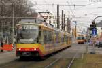 Wagen 876 und ein weiterer TW als S4 nach Achern zwischen Ettlinger Tor und Kongresszentrum. Aufgenommen in Karlsruhe am 03.03.2012.