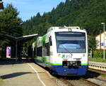 BSB Dieseltriebwagen beim Halt im Bahnhof Waldkirch, zur Weiterfahrt nach Elzach, Juli 2014