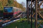 Schnes Herbstlicht fiel auf das stadteinwrts fhrende S-Bahngleis, als Valentin und ich uns auf dem stadtauswrts fhrenden Bahnsteig in Berlin Karlshorst befanden. Der kurze Sprint durch die Unterfhrung reichte zwar nicht mehr, um die S-Bahn vom berfhrungsbauwerk aus zu fotografieren, stattdessen aber zu diesem  Notschuss , bei dem dafr das Bauwerk selbst auch noch seinen Auftritt findet. (22. Oktober 2011)