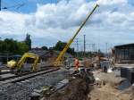 Umbau Bahnhof Karlshorst: Die Behelfsbrcken fr den Regionalverkehr sind schon wieder weg, sie wurden nur 1 Jahr lang genutzt. Am 23.6.2013 gab es zeitweilig keine Regionalbahnbrcken, viele Zuglinien mussten umgeleitet werden. 