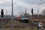 Die VVO-Werbelok 182 016 mit der S1 bei Einfahrt in Pirna; 16.03.2015
