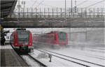 Starker Schneefall in München -     Während die S6 nach Ebersberg noch an der Station Hirschgarten steht, braust ein Dieseltriebzug der Baureihe 612 in Richtung dem Münchener