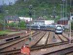 Blick auf das Saarbahn-Depot im Bahnhof Saarbrcken-Brebach. Von hier aus werden smtliche Saarbrcker Stadtbahnfahrten eingesetzt. In absehbarer Zeit sollen an dieser Stelle auch Wartungs- und Werkstatthallen der Stadtbahn Saar entstehen; bisher werden Wartungs- und Reparaturarbeiten noch bei der DB am Saarbrcker Hauptbahnhof durchgefhrt. (10.05.2008)