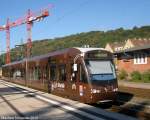 Saarbahn mit Werbung auf dem Bahnhof in Saarbrcken Brebach.