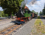 IV K Dampflok 145 (99 555) der Zittauer Schmallspurbahn (S�chsisch-Oberlausitzer Eisenbahngesellschaft) mit Sachsenzug im Bf Jonsdorf am 27. Juli 2024.