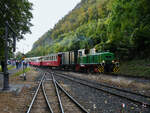 Während der Veranstaltung  120 Jahre Brohltalbahn  waren verschiedene Lokomotiven im Einsatz, hier zieht die Diesellokomotive D2 einen Personenzug nach Engeln. (Brohl-Lützing, Oktober 2021)