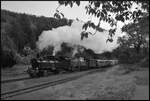 125 Jahre Brohltalbahn: Brohltaler Mallet-Dampflok 11sm (Baujahr 1906) und Diesellok D4 fahren am 04.10.2026 mit m�chtig Dampf und dem ersten Zug des Tages in den Bahnhof Burgbrohl.