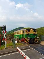 Die 1.000 mm Diesellok D1 der Brohltal-Eisenbahn zieht den  Beiwagen VB 50 am 19.05.2013 von den Rheinanlagen zum Bahnhof Brohl BE bzw. zum Lokschuppen. 

Die Lok vom Typ MV 10 S wurde 1965 unter der Fabriknummer 26528 von O&K gebaut und an die BEG (Brohltal-Eisenbahn) geliefert. Sie hat eine Leistung 221 kW (300 PS). 
Auffllig ist auch dass die Lok nicht nur Mittelpuffer, sondern auch Normalspurpuffer besitzt. Mit den Normalspurpuffern kann die Lok dem Verschub von Normalspur Gterwagen, auf der 3-gleisigen Anlage (Meter- und Normalspur) zwischen Brohl Umladebahnhof und Brohl Hafen vornehmen.

Der Schmalspur (1000 mm) Beiwagen VB 50 der Brohltal Eisenbahn (BE), ex VT 50 (bis 1937 motorisiert), wurde 1925 von Deutsche Werke Kiel unter der Fabrik-Nr. 86 gebaut.