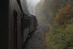Unterwegs durch den Herbstnebel auf der Fichtelbergbahn mit dem P1001 von Cranzahl nach Oberwiesenthal kurz vor dem Halt Niederschlag. Aufgenommen am 09.10.2025