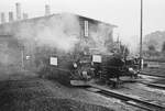 29. September 1984, Schmalspurbahnhof Mügeln. Die Mügelner Schmalspurbahn feierte an diesem Wochenende ihr 100-jähriges Bestehen. Gleichzeitig konnte die Stadt Mügeln auf eine 1000-jährige Geschichte zurückblicken. Verschwiegen wurde auch nicht, dass auch die DDR ein rundes Jubiläum feierte, sie wurde vor 35 Jahren gegründet. Schilder und Fähnchen wiesen an den Lokomotiven auf diese Ereignisse hin. Die Lokomotiven 99 562 und 99 564 locken mit Rauchzeichen die Besucher an.