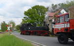 Döllnitzbahn Sächsische IV K 99 584 in Nebitzschen (bei Oschatz) aus Kemmlitz kommend auf der Schmalspurbahn Strecke Oschatz – Mügeln - Kemmlitz oder (Glossen) 10.05.2020