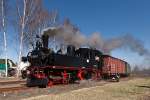 99 1568-7 verlt den Bahnhof Mgeln in Richtung Glossen. (beim Frhlingsfest am 25.03.2012)