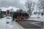 Dampflok 99 1773 der Fichtelbergbahn, auf der Fahrt von Cranzahl nach Kurort Oberwiesenthal.