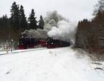 Die Reise am Sonntag führte die Gruppe Fotografen von Wernigerode bis Rübeland mit 95 027,ab dort sozusagen als  Triebwagenersatzverkehr  nach Drei Annen Hohne mit dem Bus(die alte HBE betrieb tatsächlich einen Triebwagenverkehr Rübeland-Elbingerode West-Drei Annen Hohne Ost mit in Rübeland in einem Schuppen beheimateten Triebwagen)und von dort eigentlich mit 99 5901 und Wagen des Traditionszuges zum Brocken. 
Allerdings ereilte uns schon vor Blankenburg die per Diensthandy mitgeteilte meteorologische Realität in Form einer Unwetterwarnung  und gleichzeitiger Sperrung des Abschnittes Schierke- Brocken wegen starker Schneeverwehungen.
Da nun bei der HSB erstmal einiges im Fahrplan neu geordnet werden musste, unser Sonderzug schon im Anmarsch und in Drei Annen Hohne auch noch eine Doppelausfahrt geplant war, blieb die Busfahrt richtig spannend, bis dann die Entscheidung bei uns eintraf,Doppelausfahrt ja (wenn auch etwas später) und Weiterfahrt alternativ bis Benneckenstein. 
Mit Hilfe der Bediensteten der HSB vor Ort und unter den kritischen Blicken der Fotografen wurde der nächste Planzug nach Gleis 4 dirigiert und dann ging es mit Volldampf auf Strecke. Das sah dann so aus.