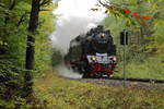 99 6001 mit Foto-Güterzug am 23.10.2016, kurz vor Erreichen des Haltepunktes Sternhaus-Ramberg.