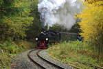 Scheinanfahrt von 99 5901 mit IG HSB-Sonderzug am 23.10.2016 auf der Steigungsstrecke von Alexisbad nach Harzgerode.