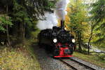 Scheinanfahrt von 99 5901 mit IG HSB-Sonderzug am 23.10.2016 auf der Steigungsstrecke von Alexisbad nach Harzgerode.