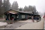 Blick auf das schöne Gebäude des Bahnhofs Schierke der Harzer Schmalspurbahnen GmbH (HSB) bei Nebel.