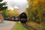 Scheinanfahrt von 99 6001 und 99 5901 mit IG HSB-Sonder-PmG am 23.10.2016 in der Ortslage Straßberg, unmittelbar vor der Bahnhofseinfahrt.