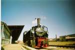 Die Mallet 99 5906 sieht man hier auf dem Bild, was leicht an ein Bild erinnert, am 3. April Nachmittags im Bahnhof Quedlinburg