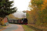 Scheinanfahrt von 99 234 mit IG HSB-Sonder-PmG am 21.10.2018 kurz vor dem Haltepunkt Straßberg. (Bild 1)