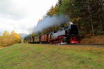 Scheinanfahrt von 99 234 mit IG HSB-Sonder-PmG am 21.10.2018 zwischen Güntersberge und Friedrichshöhe.