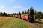99 6001 mit P 8965 (Gernrode-Hasselfelde) am 31.08.2019 an der Ortsgrenze von Hasselfelde, kurz vor Erreichen des Bahnhofes.