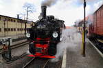 Mit frischen Wasservorräten, bekohlt und sorgfältig abgeschmiert, setzt 99 5901 am Nachmittag des 24.02.2017 im Bahnhof Wernigerode nun an unseren IG HSB-Sonderzug heran und wird