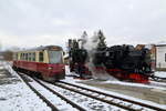 Triebwagen 187 016 als P 8902 (Eisfelder Talmühle - Wernigerode) am Vormittag des 25.02.2017 bei der Einfahrt in den Bahnhof Benneckenstein.