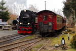 99 7232 am späten Nachmittag des 25.02.2017 auf Rangierfahrt im Bahnhof Hasselfelde, zur Übernahme des IG HSB-Sonder-PmG`s zur Rückfahrt nach Wernigerode.